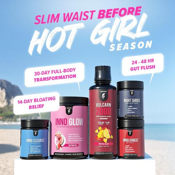 A clean, bright lifestyle ad featuring a bundle of weight loss supplements with clear, text-based benefit callouts for each product.